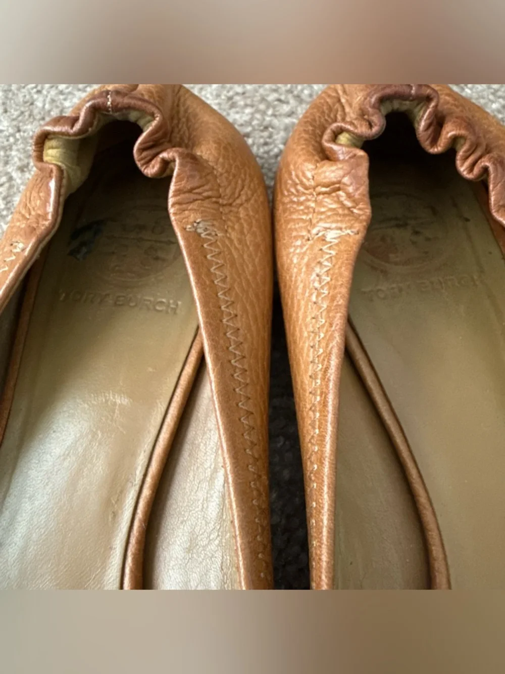 Tory Burch Reva Pebbled Leather Ballet Flats Royal Tan Camel Women Shoe